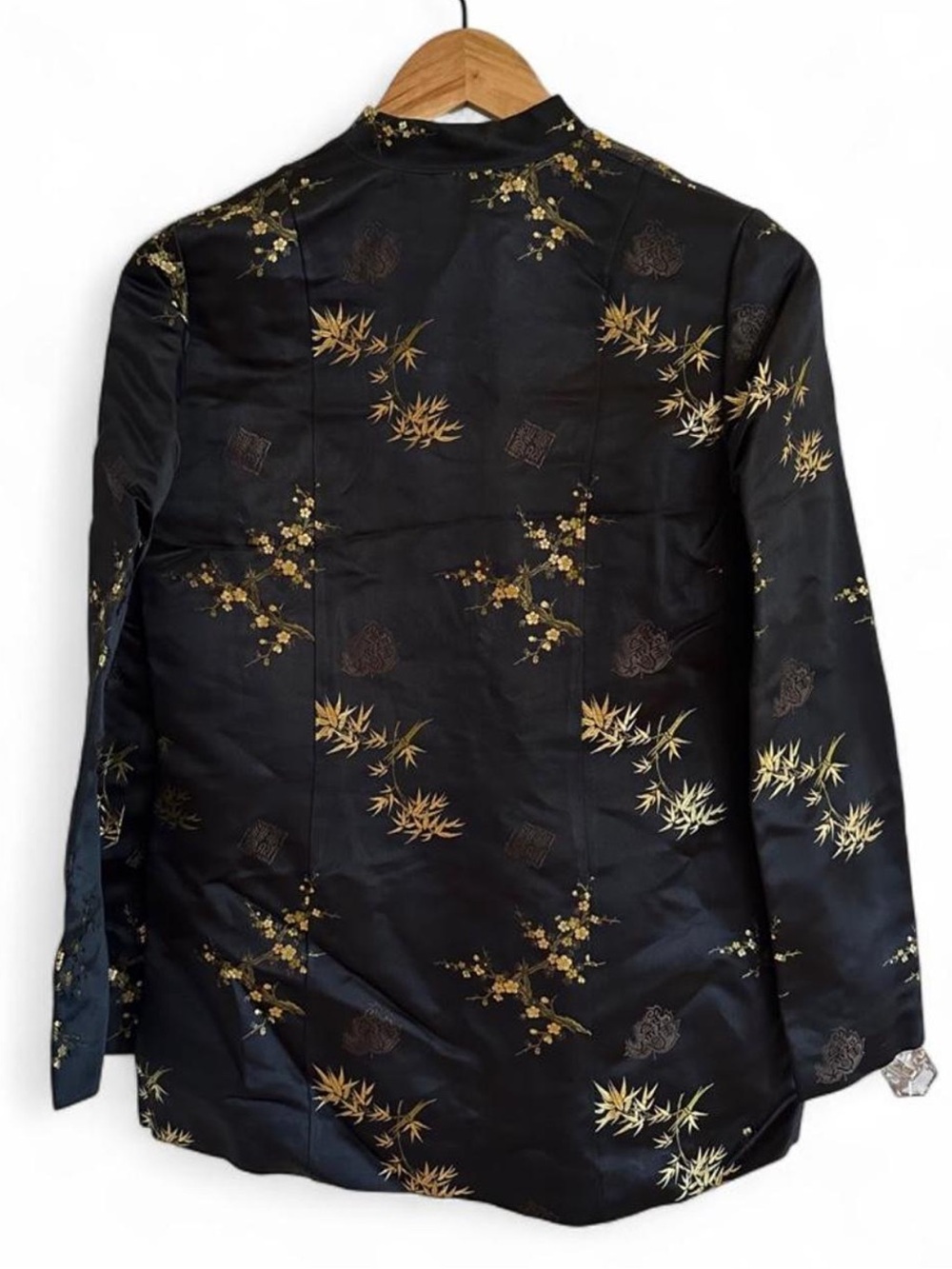 Vintage Black Gold Embroidered Floral Brocade Mandarin Frog Closure Jacket Boho - Picture 3 of 8